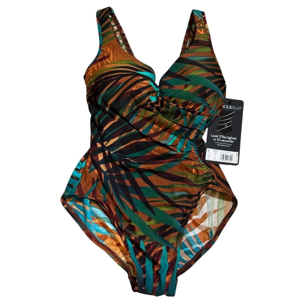Miraclesuit Its A Wrap Tropical Palm Print One Piece Swimsuit Multi Size 8 NEW - Picture 2 of 6